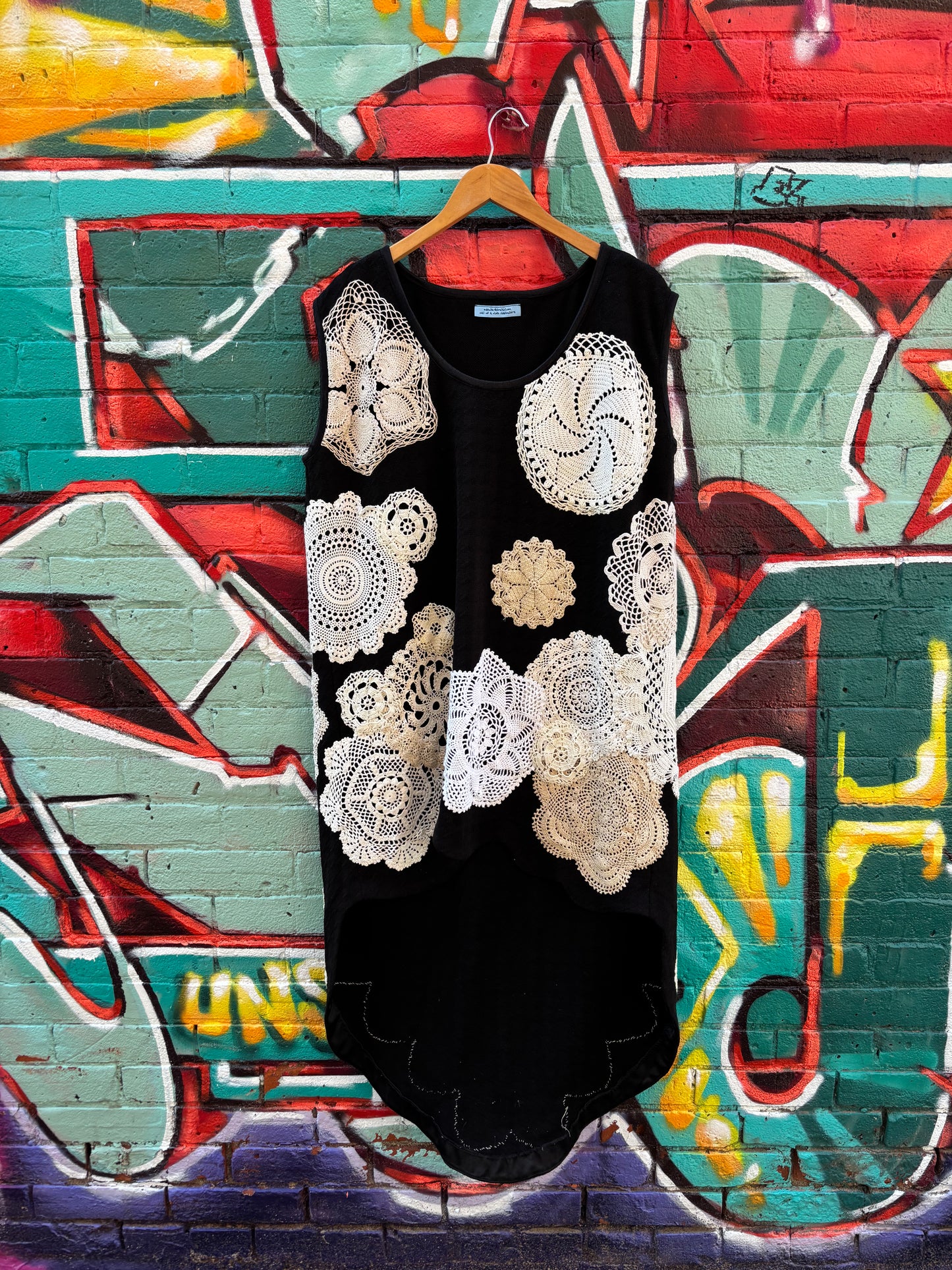 BLACK KNIT TUNIC WITH VINTAGE DOILIES- M/L