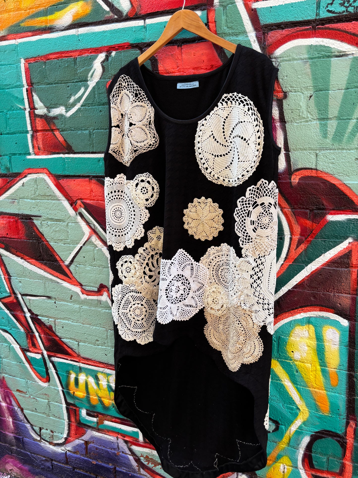 BLACK KNIT TUNIC WITH VINTAGE DOILIES- M/L