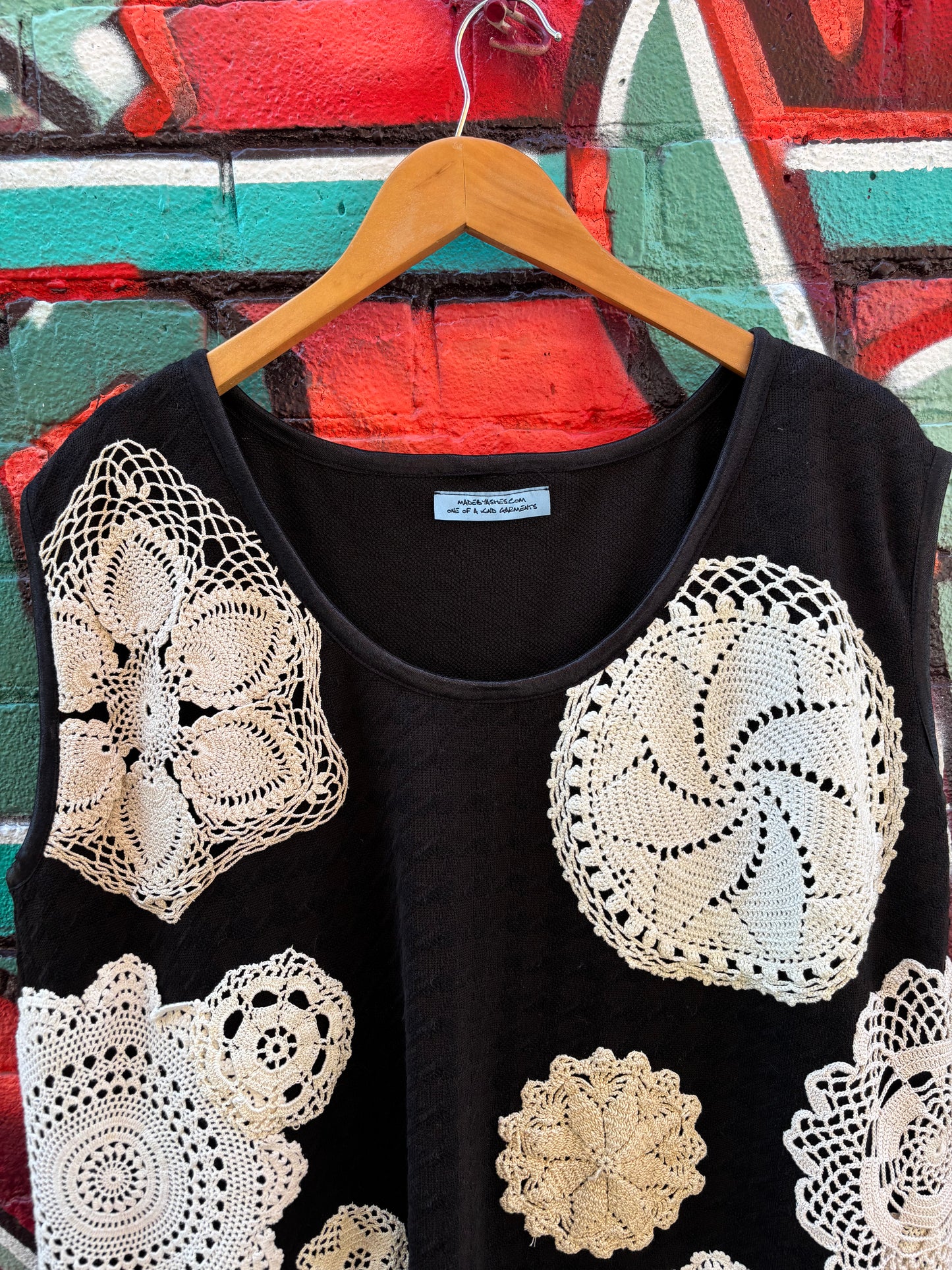 BLACK KNIT TUNIC WITH VINTAGE DOILIES- M/L