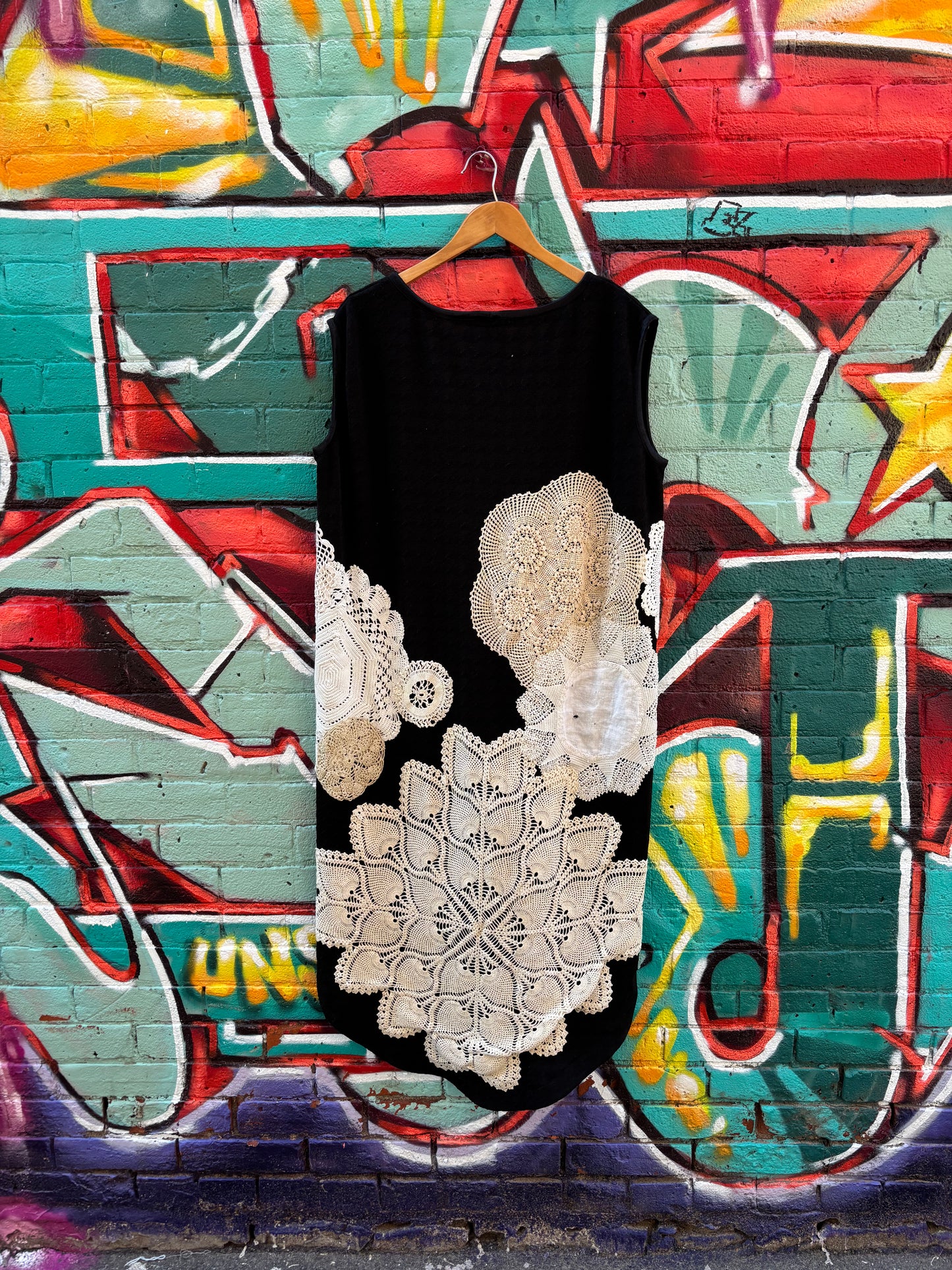 BLACK KNIT TUNIC WITH VINTAGE DOILIES- M/L