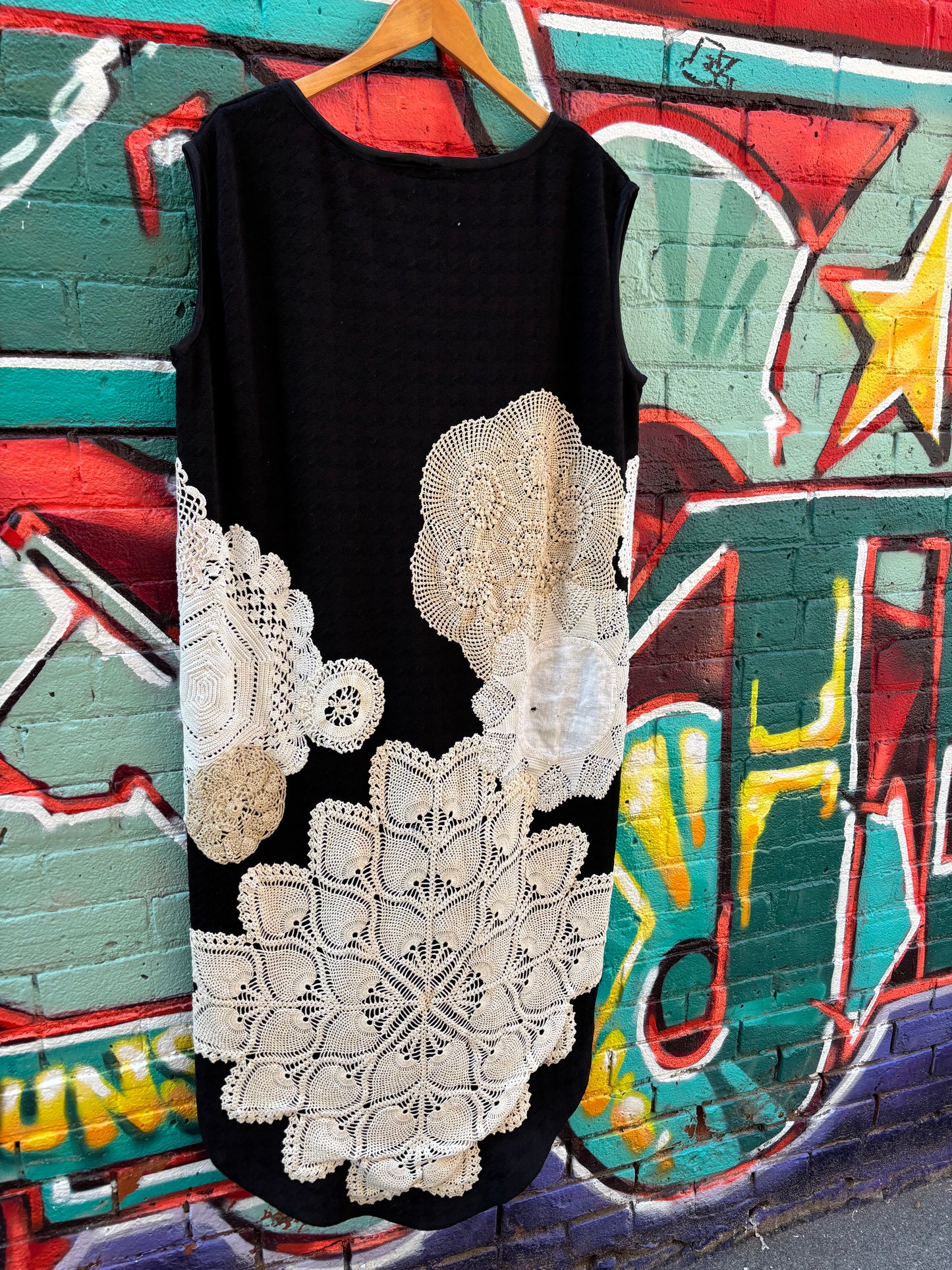 BLACK KNIT TUNIC WITH VINTAGE DOILIES- M/L