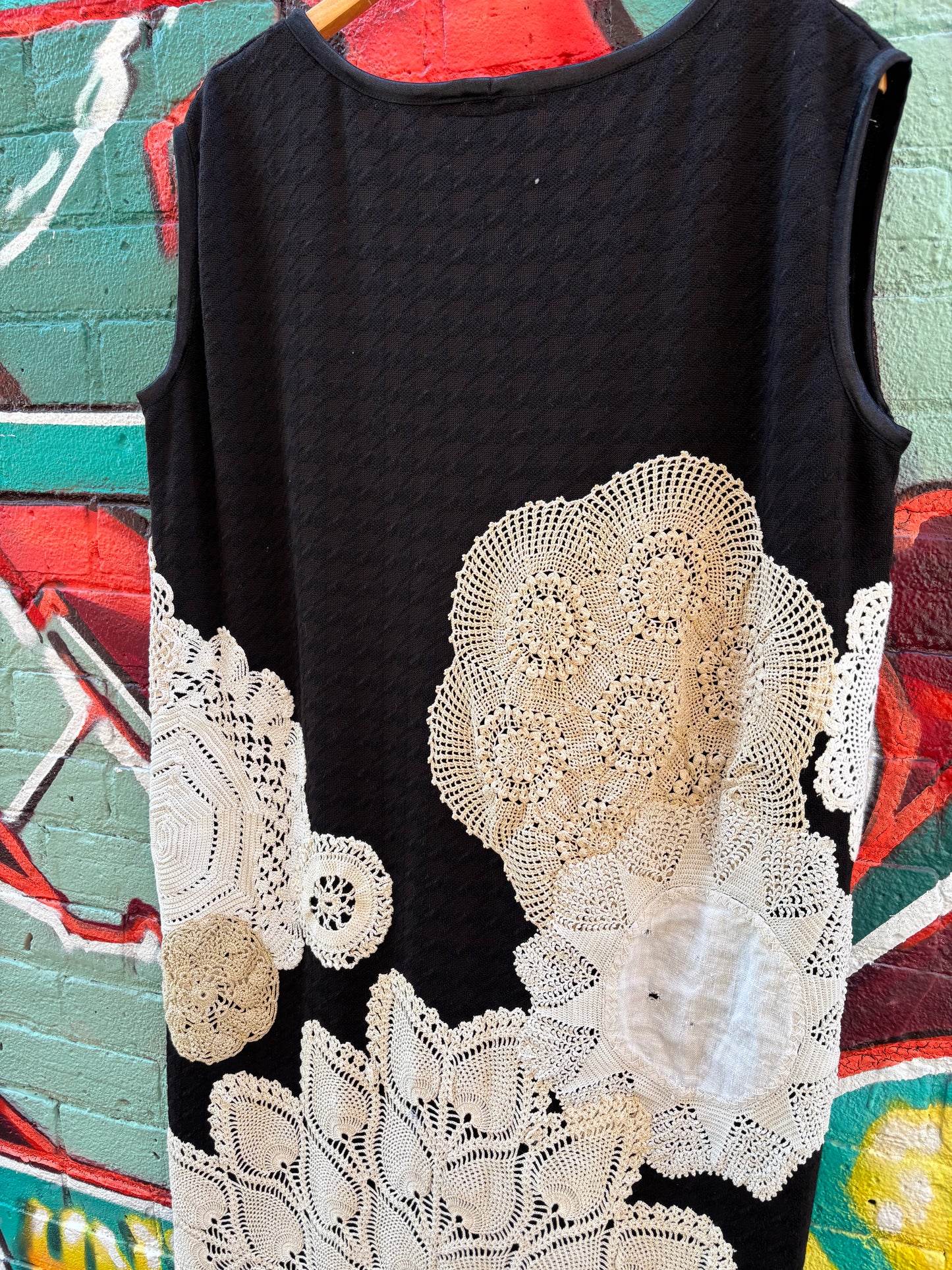 BLACK KNIT TUNIC WITH VINTAGE DOILIES- M/L
