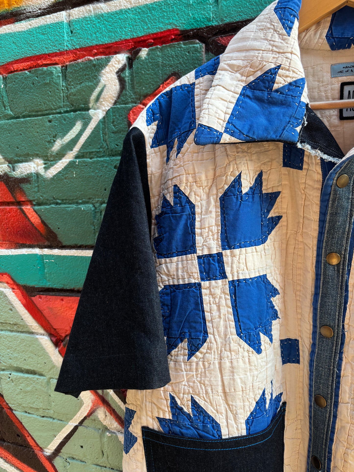 BLUES QUILT & DENIM COLLARED TOP