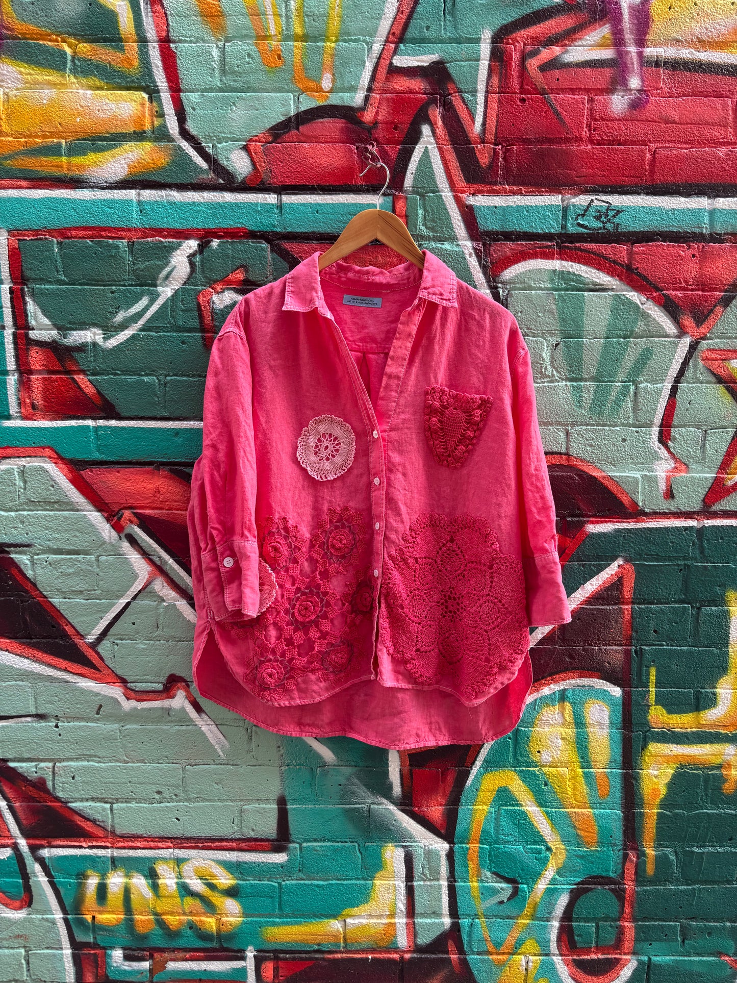 Red Linen Collared Top , Hand Dyed with Vintage Doilies