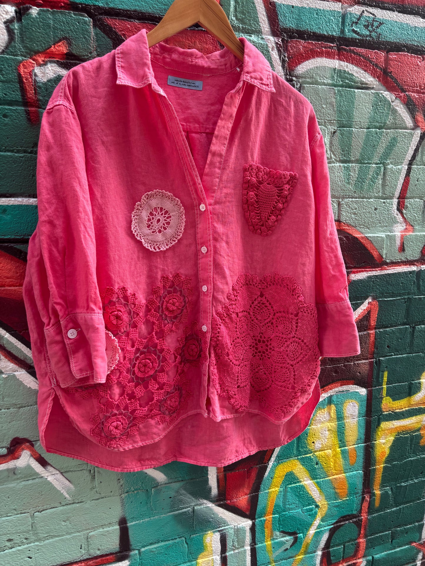 Red Linen Collared Top , Hand Dyed with Vintage Doilies