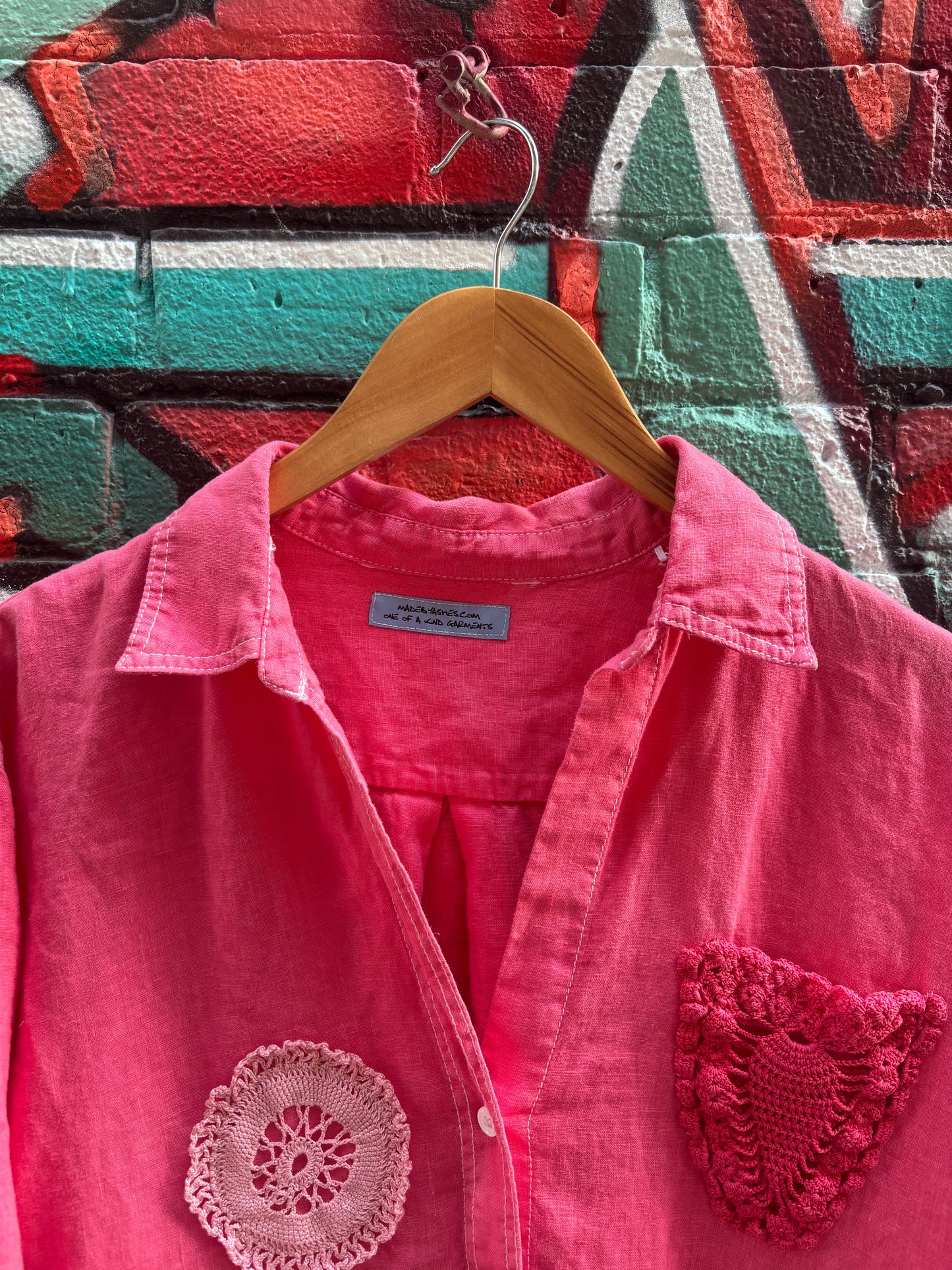 Red Linen Collared Top , Hand Dyed with Vintage Doilies