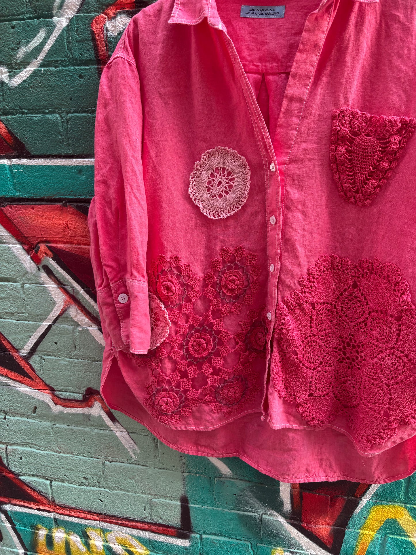 Red Linen Collared Top , Hand Dyed with Vintage Doilies