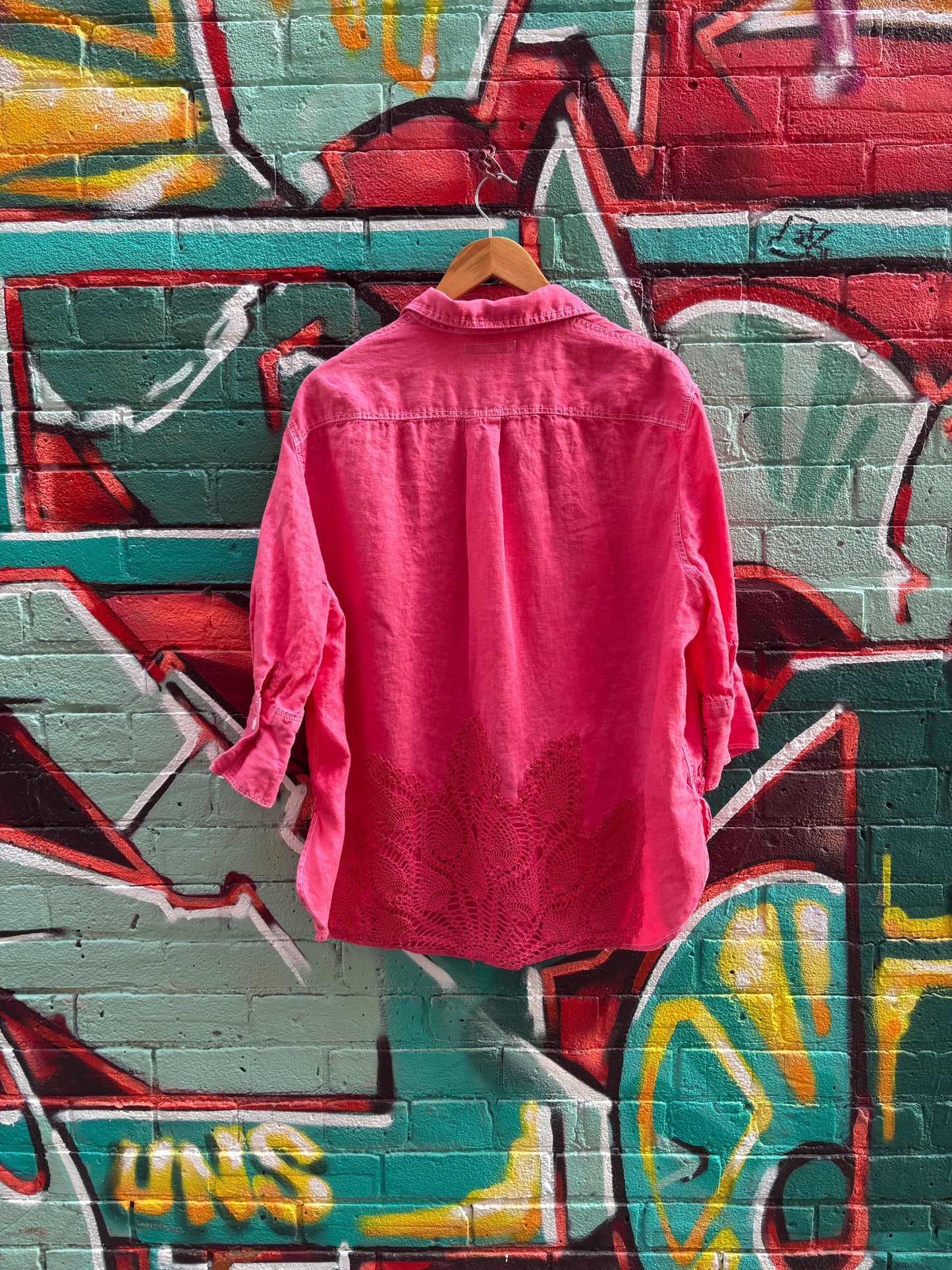Red Linen Collared Top , Hand Dyed with Vintage Doilies