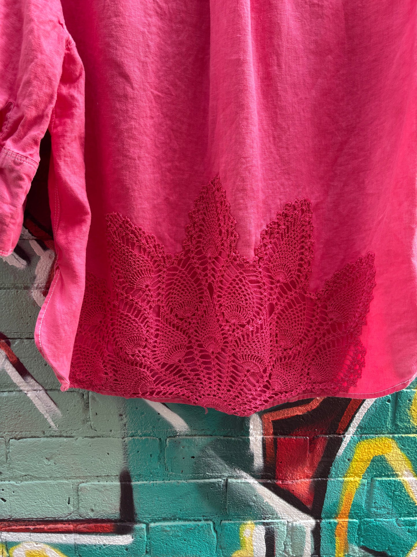 Red Linen Collared Top , Hand Dyed with Vintage Doilies
