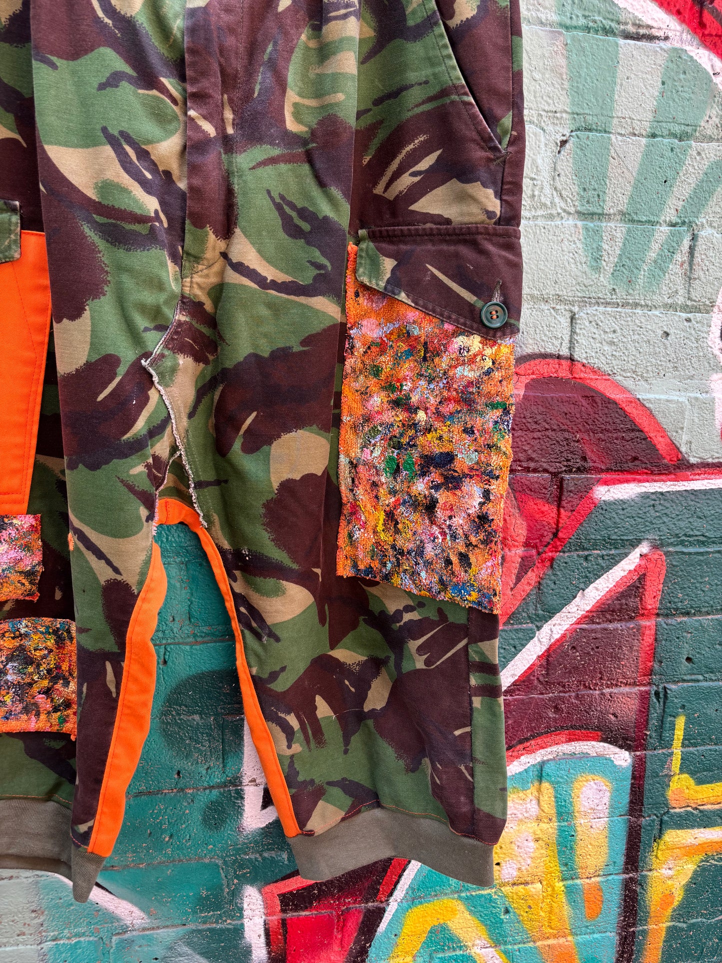 WORN BY ASHES SPRING 24’ FASHION SHOW - CAMO REVAMP PANTS - 36” ( adjustable buckles )