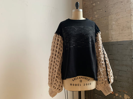 M218 - CROCHET SWEATER - BLACK SWEATER W/ CREAM SLEEVES