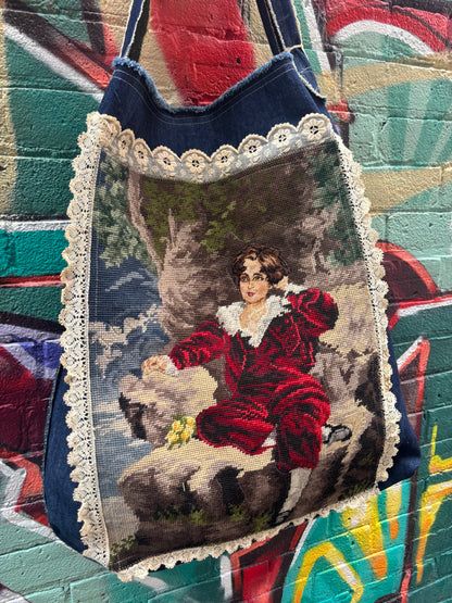 Boy in Burgundy - Denim Tote Bag