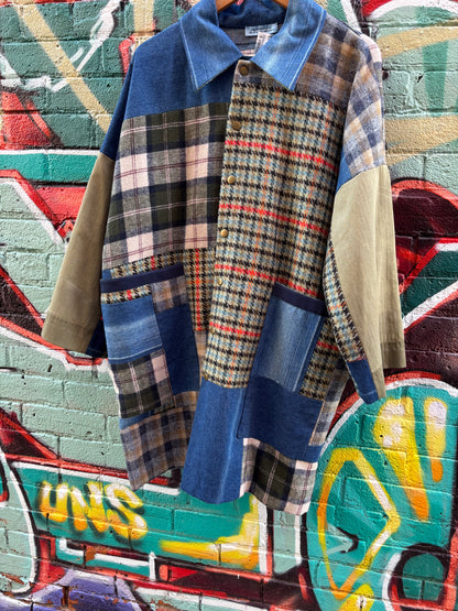 Plaid Mid Length JACKET with Denim Details