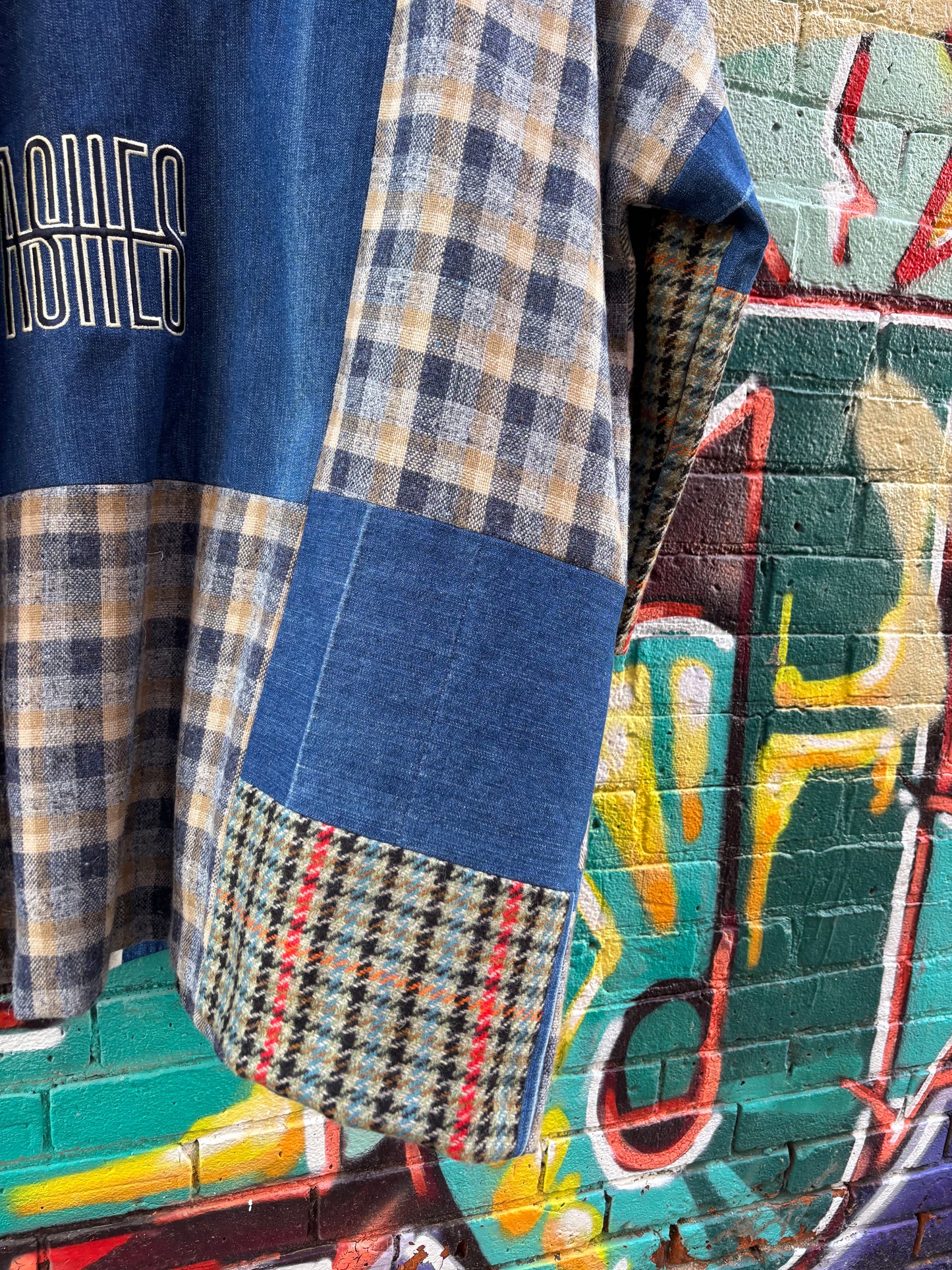 Plaid Mid Length JACKET with Denim Details