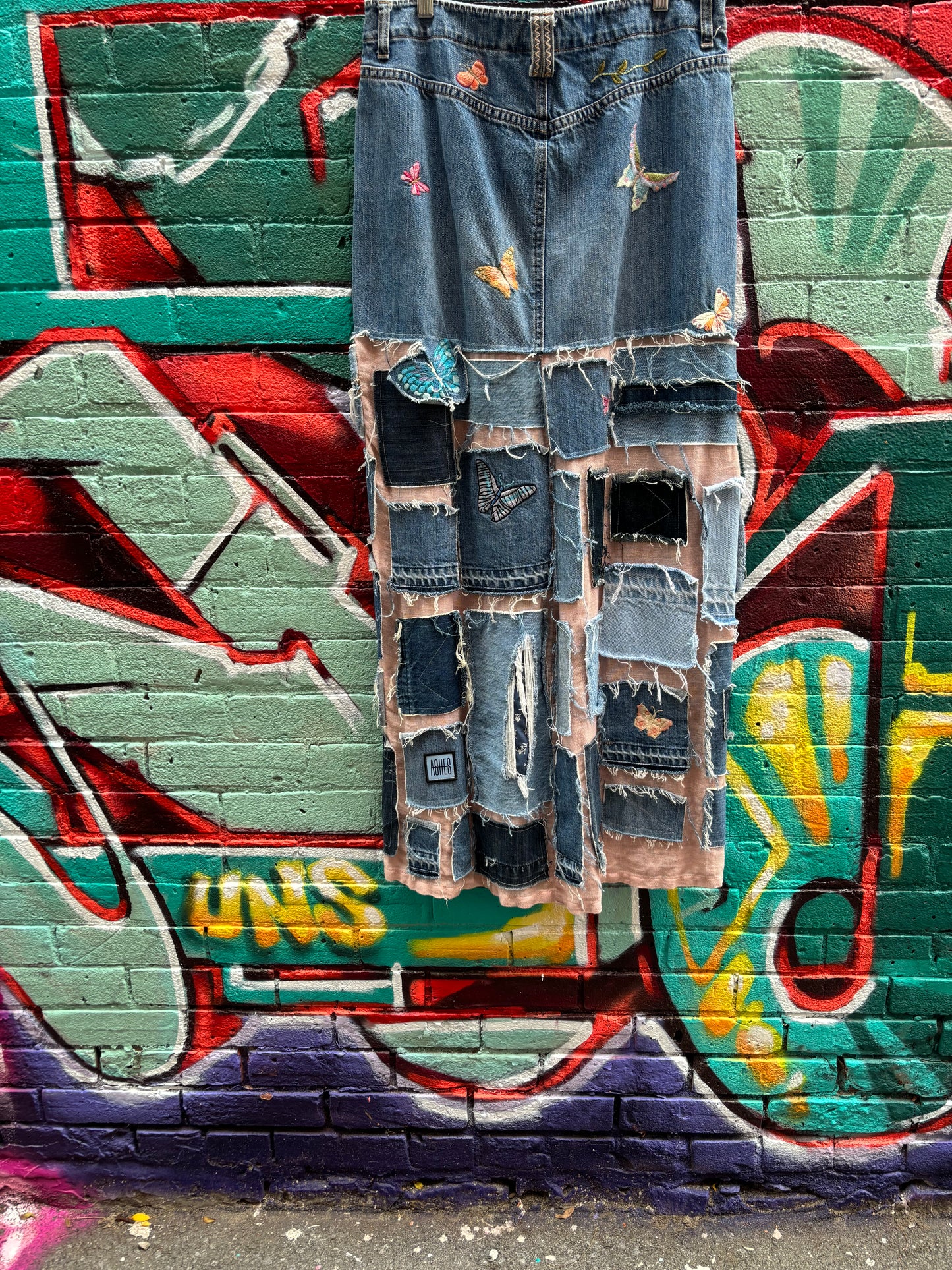 REWORKED DENIM BUTTERFLY SKIRT - SZ 12