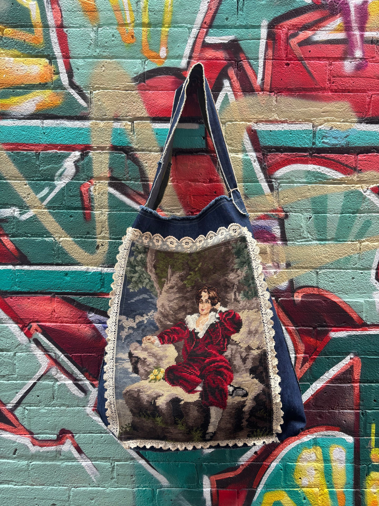 Boy in Burgundy - Denim Tote Bag