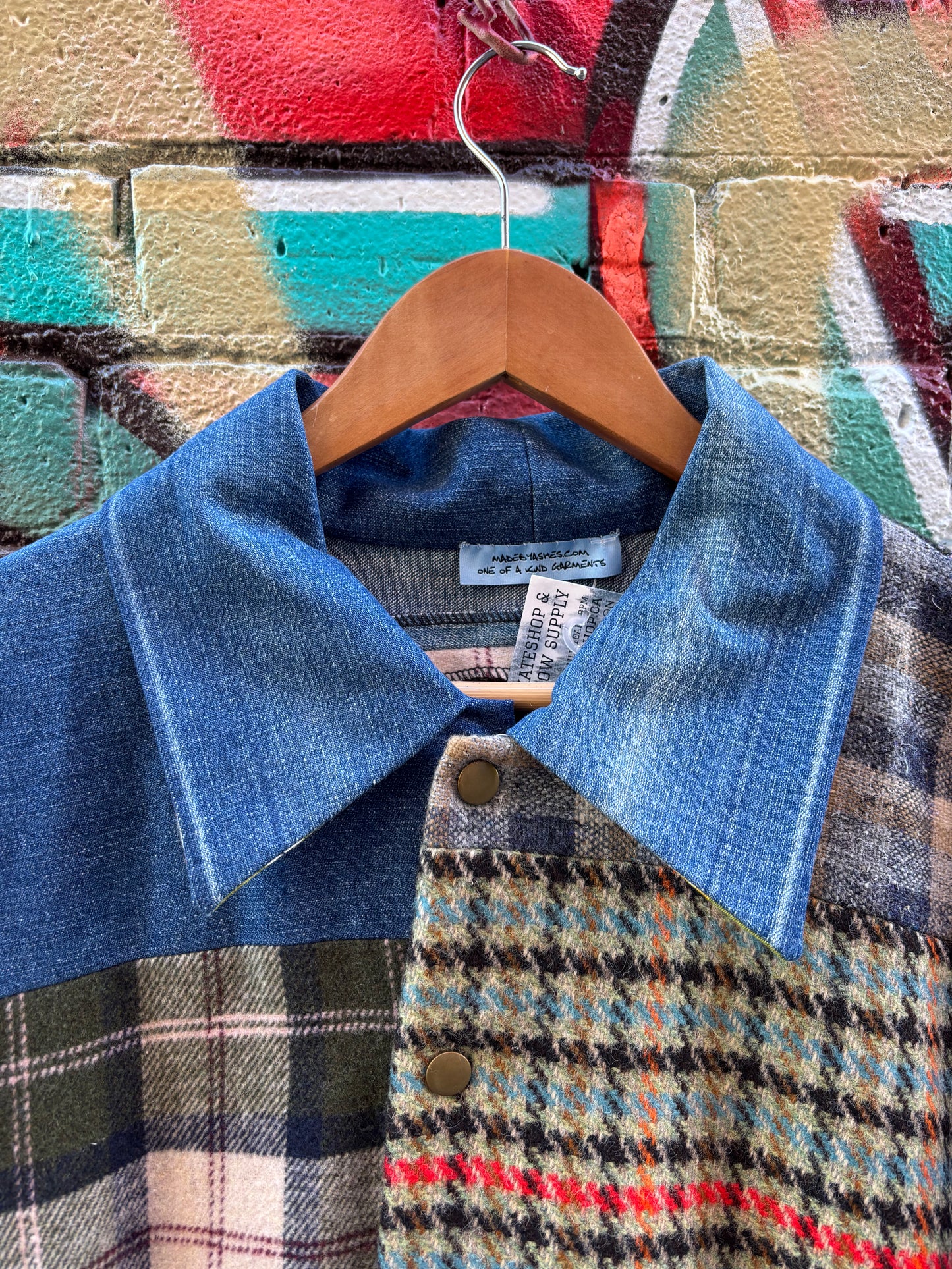 Plaid Mid Length JACKET with Denim Details
