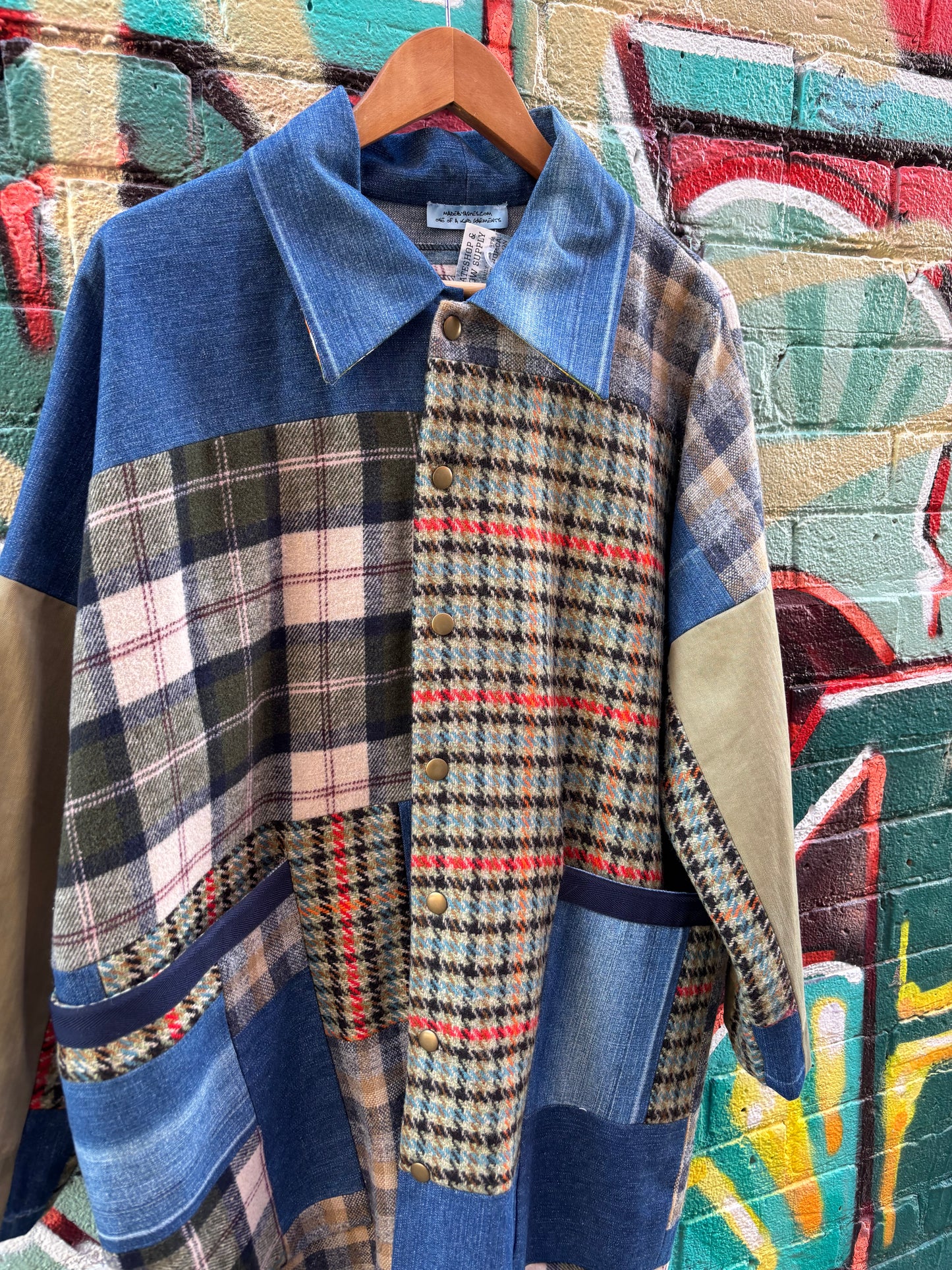 Plaid Mid Length JACKET with Denim Details