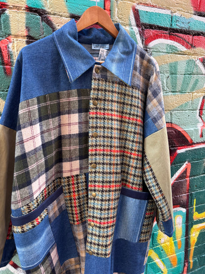 Plaid Mid Length JACKET with Denim Details