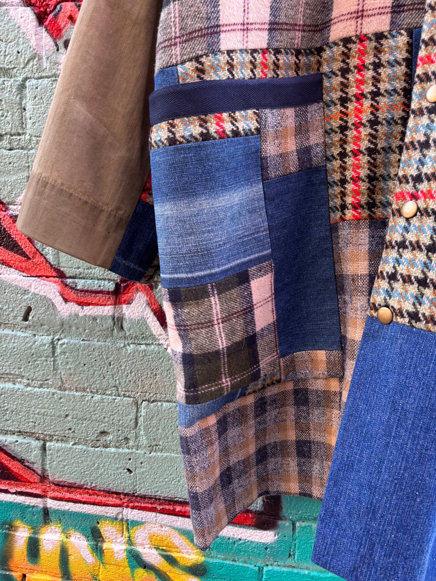 Plaid Mid Length JACKET with Denim Details