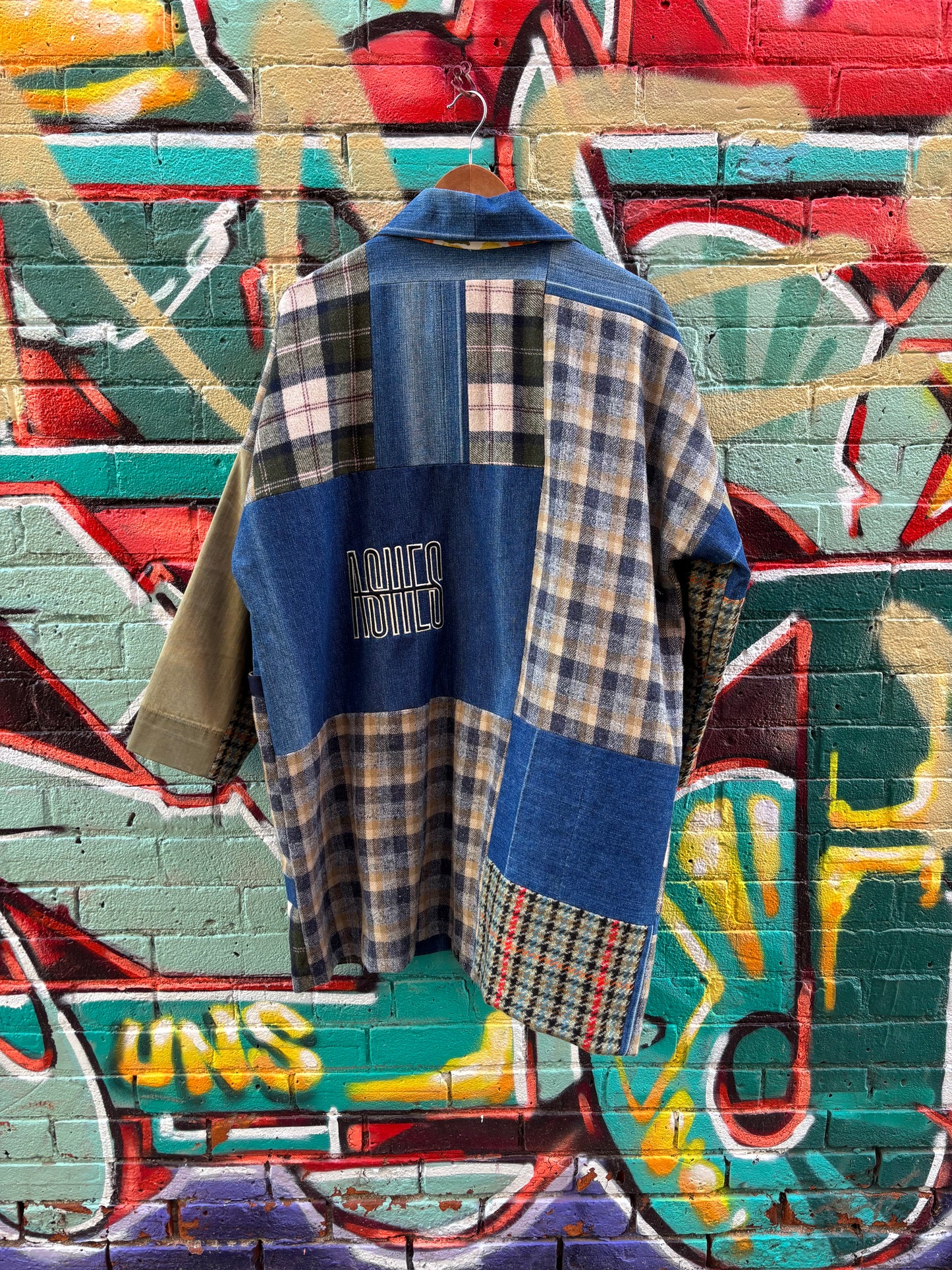 Plaid Mid Length JACKET with Denim Details
