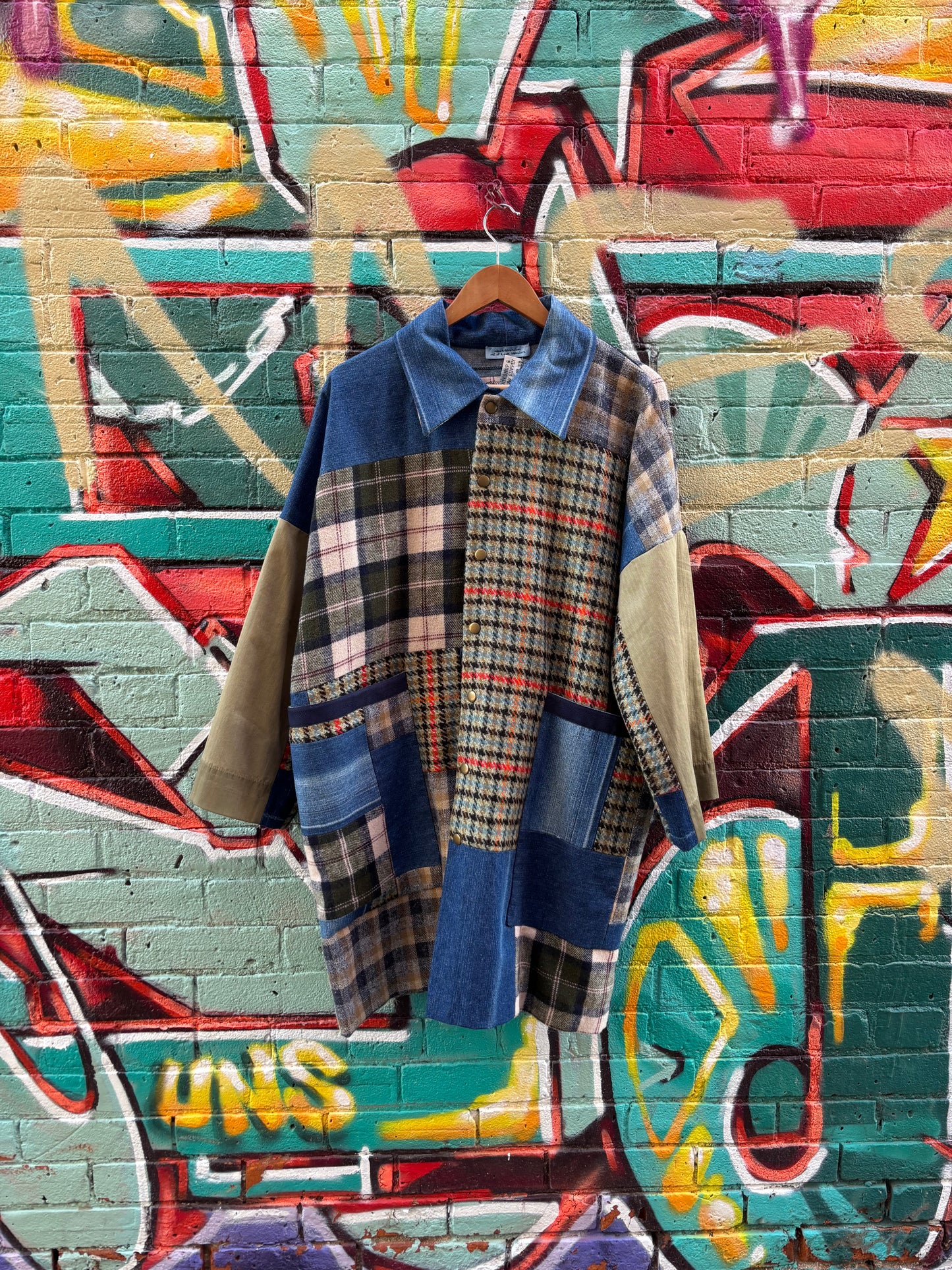 Plaid Mid Length JACKET with Denim Details