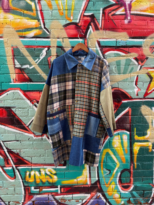 Plaid Mid Length JACKET with Denim Details