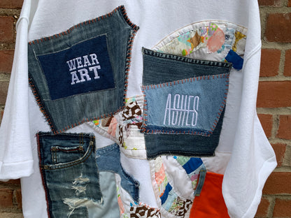 UPCYCLED XL CREW NECK - DENIM & QUILT PATCHWORK