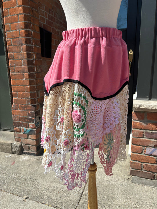 SHORT PINK SKIRT W/ VINTAGE PINK DOILIES