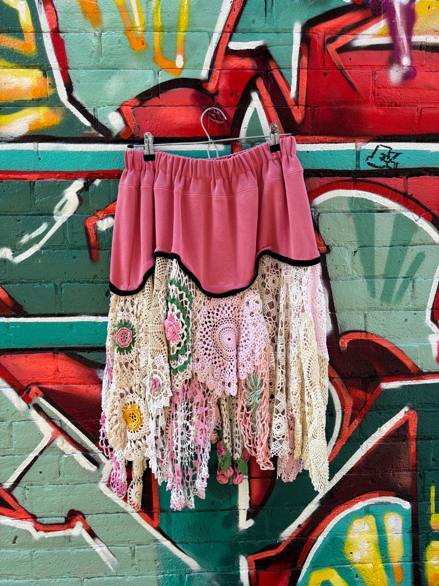 SHORT PINK SKIRT W/ VINTAGE PINK DOILIES