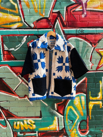 BLUES QUILT & DENIM COLLARED TOP