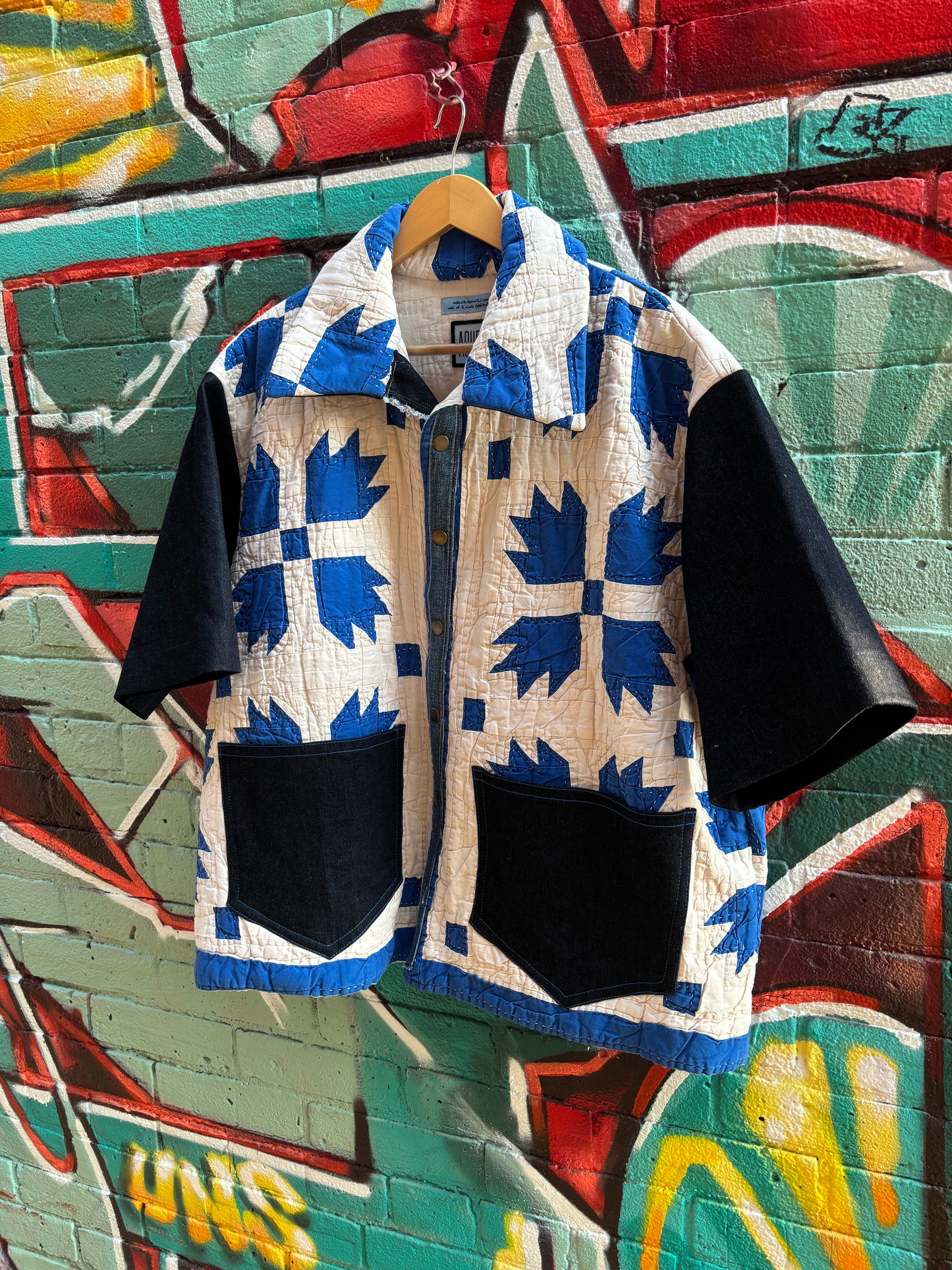 BLUES QUILT & DENIM COLLARED TOP