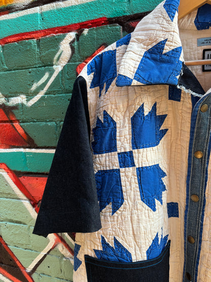 BLUES QUILT & DENIM COLLARED TOP