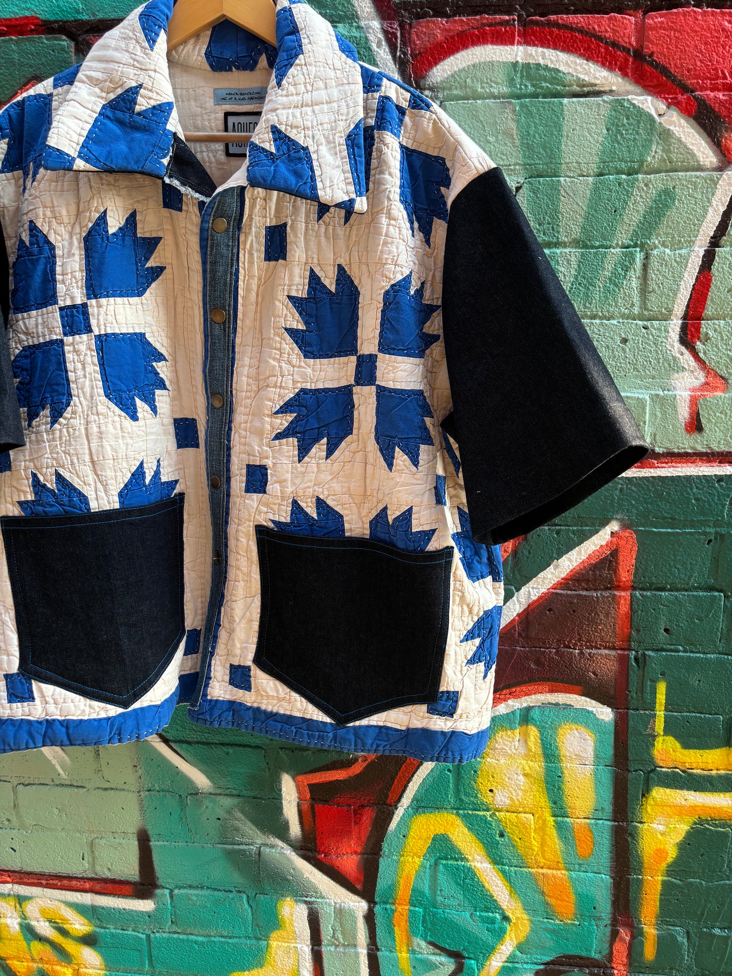 BLUES QUILT & DENIM COLLARED TOP