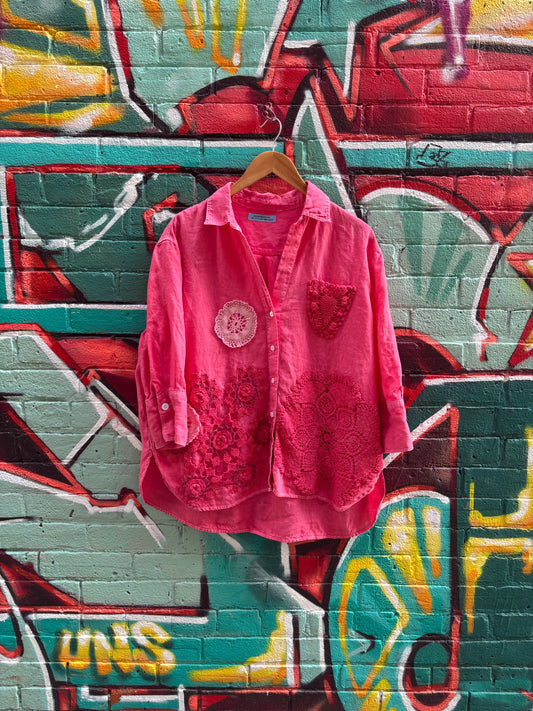 Red Linen Collared Top , Hand Dyed with Vintage Doilies