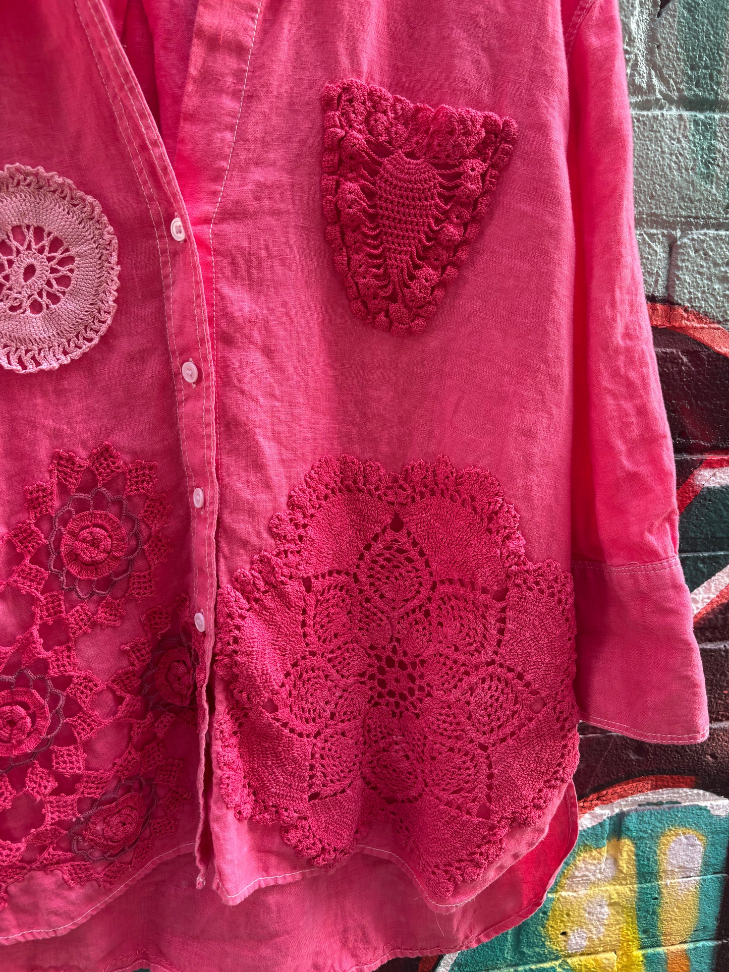 Red Linen Collared Top , Hand Dyed with Vintage Doilies