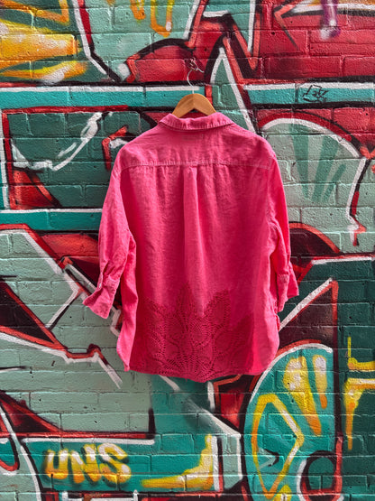 Red Linen Collared Top , Hand Dyed with Vintage Doilies