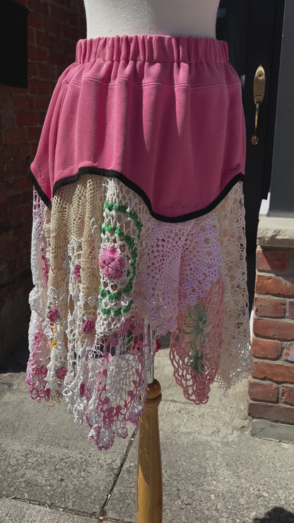 SHORT PINK SKIRT W/ VINTAGE PINK DOILIES