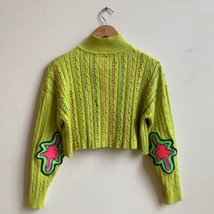 LIME-HANDSTITCHED & PATCHED ZIP SWEATER
