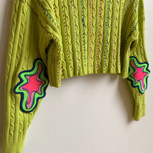 LIME-HANDSTITCHED & PATCHED ZIP SWEATER